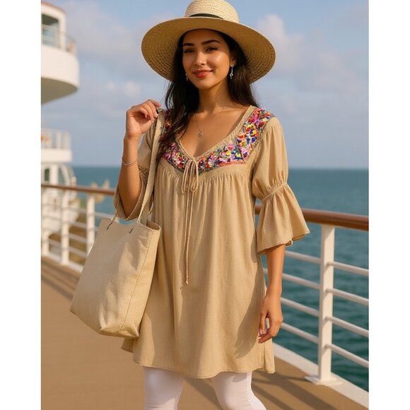 Boho Tunic Dress Bell Sleeves Embroidery Lined Size XS Va Va by Joy Han - Picture 1 of 15